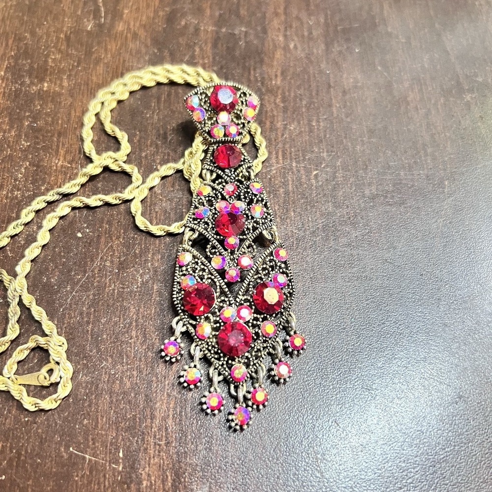 Vtg Red Rhinestone Bib Pendant Statement Necklace Rope Chain Aurora Borealis 60s